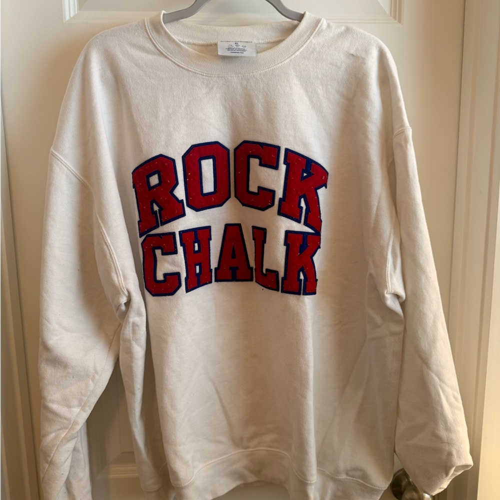 University of Kansas Champion White Sweatshirt with Red and Blue Lettering